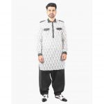 White Printed Pathan suit with Denim collar and Black pyjama- Manoviraj Khosla