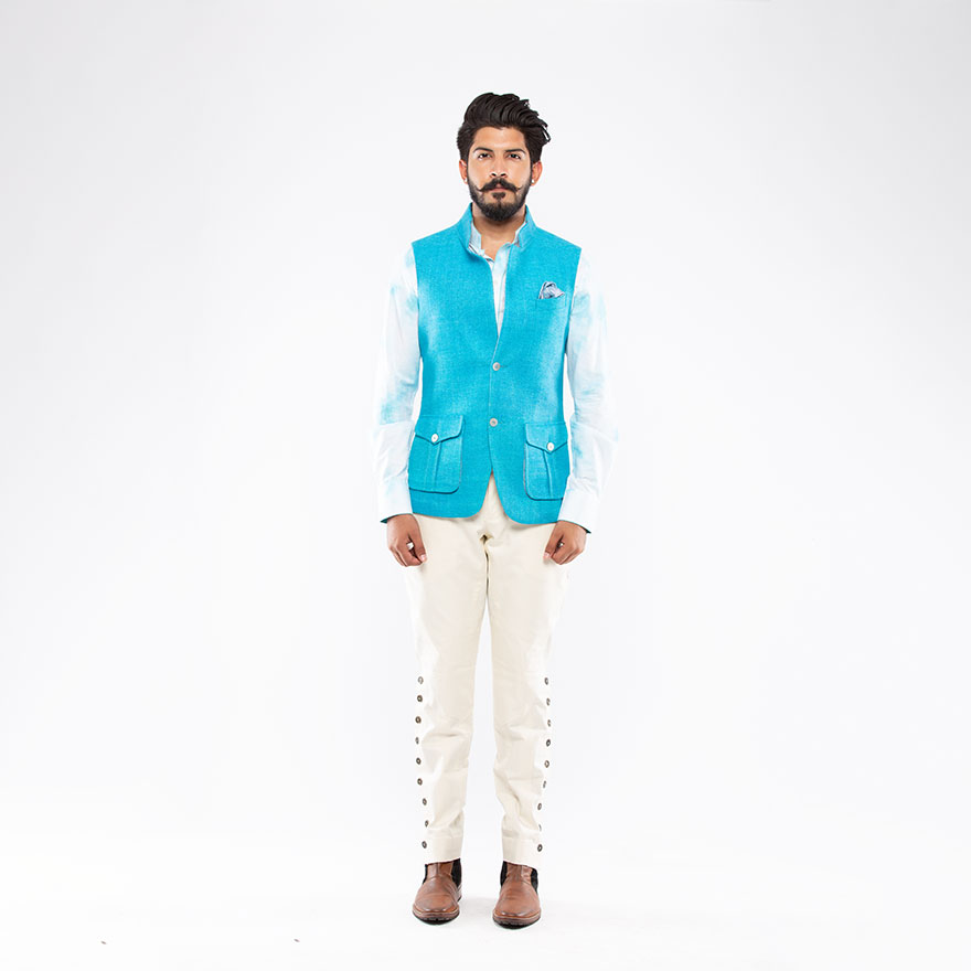 Turquoise Matka Silk Half Jacket - Rohit Kamra