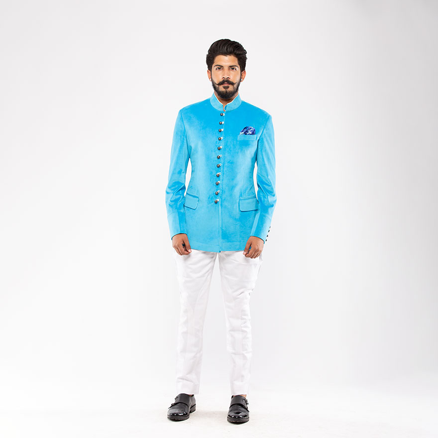 Turquoise Velvet MultiButton Jodhpuri Jacket - Rohit Kamra