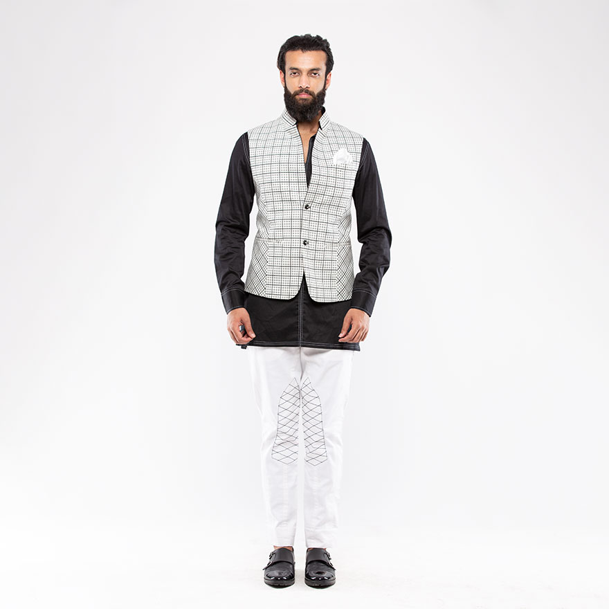 White / Black Checks Suiting Half Jacket - Rohit Kamra